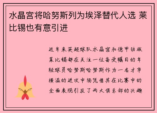 水晶宫将哈努斯列为埃泽替代人选 莱比锡也有意引进